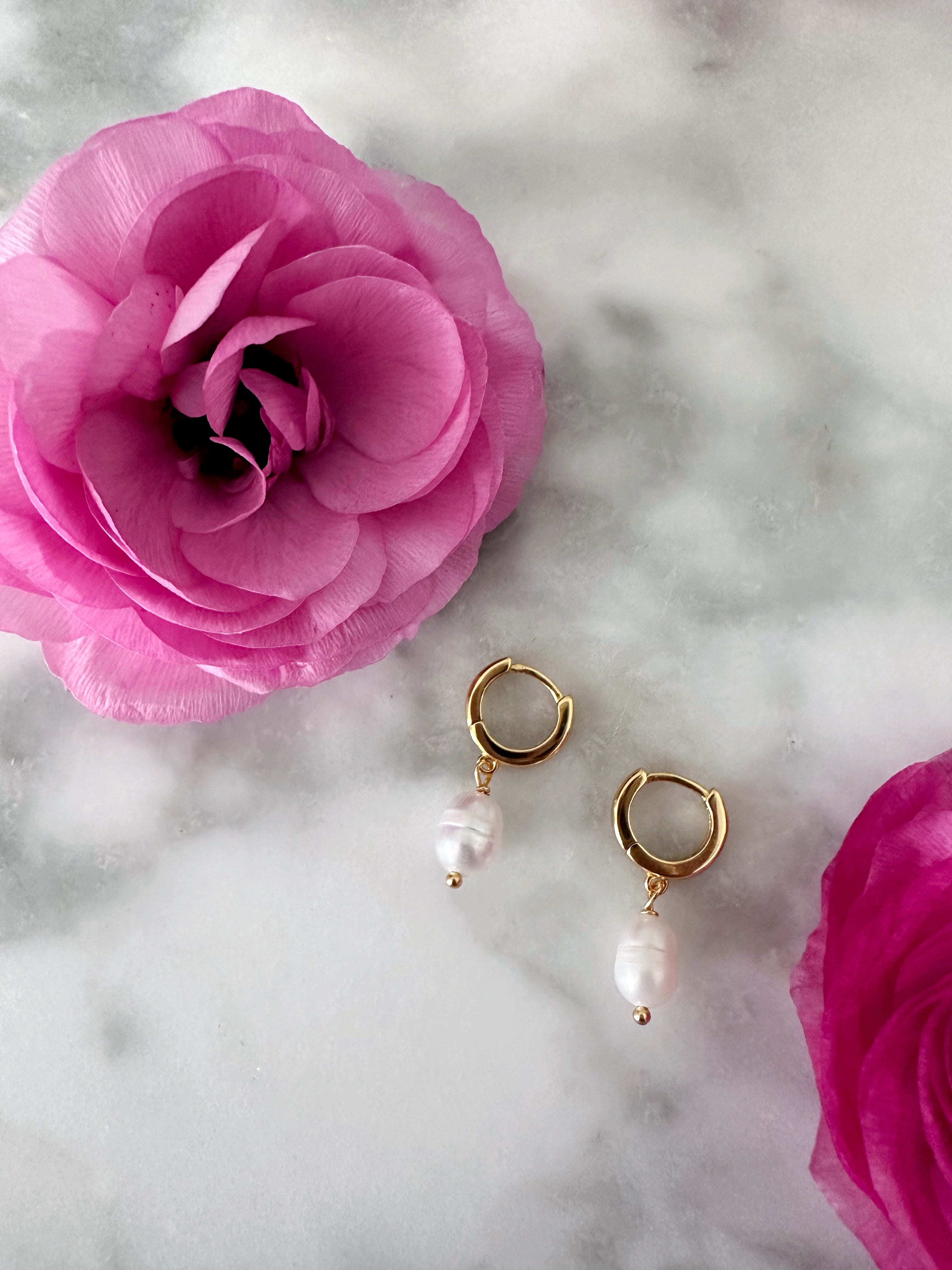 Gold + Pearl Drop Huggie Earrings