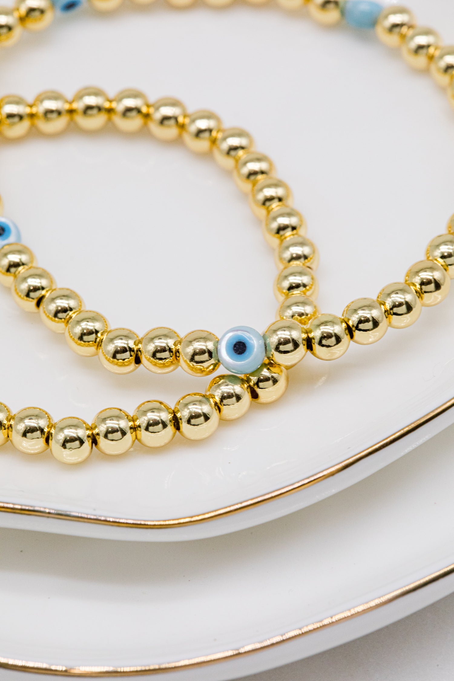 Mother of Pearl Evil Eye + Gold Ball Beaded Stackable Bracelet