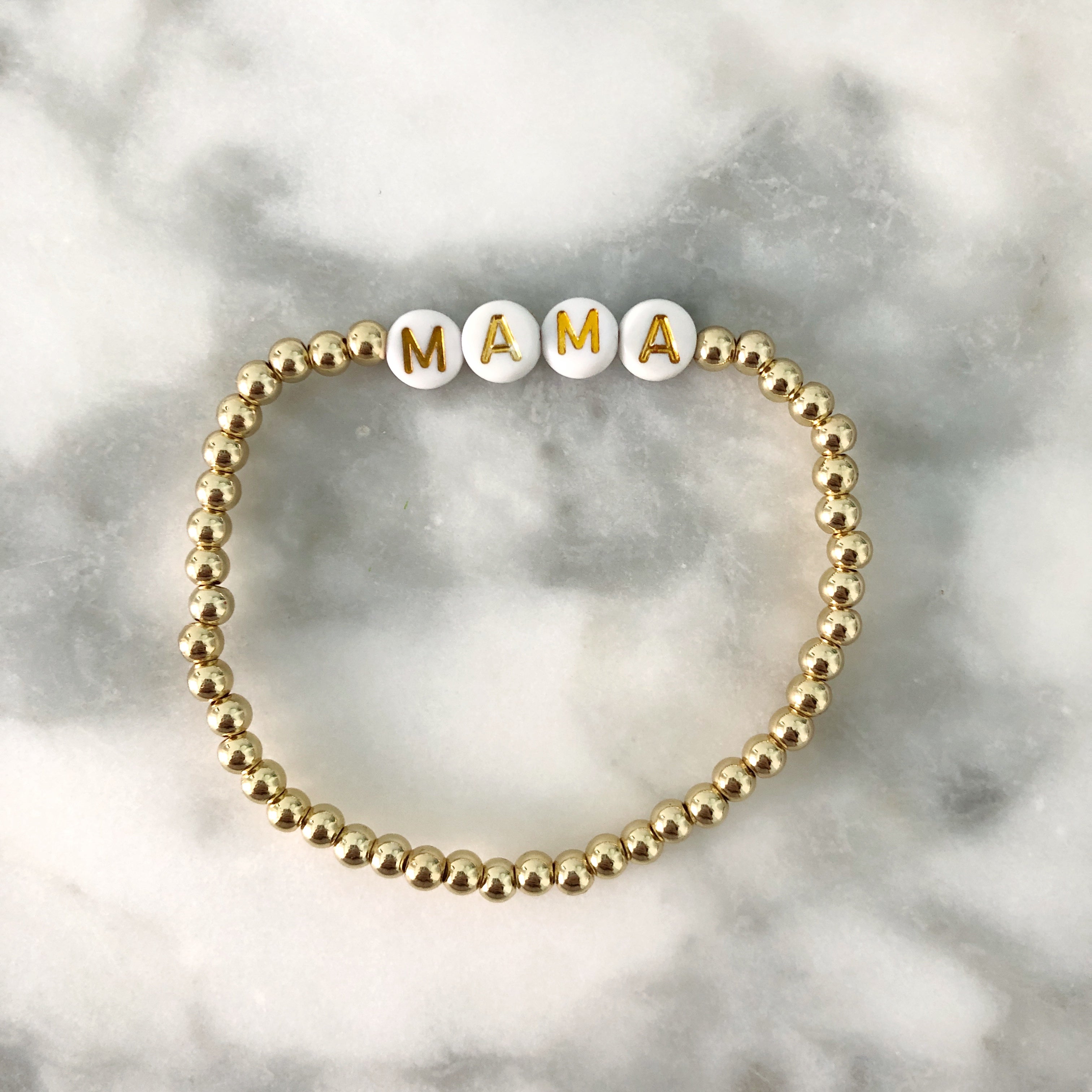"MAMA" Bracelet {Gold Letters + Gold Ball Beading}