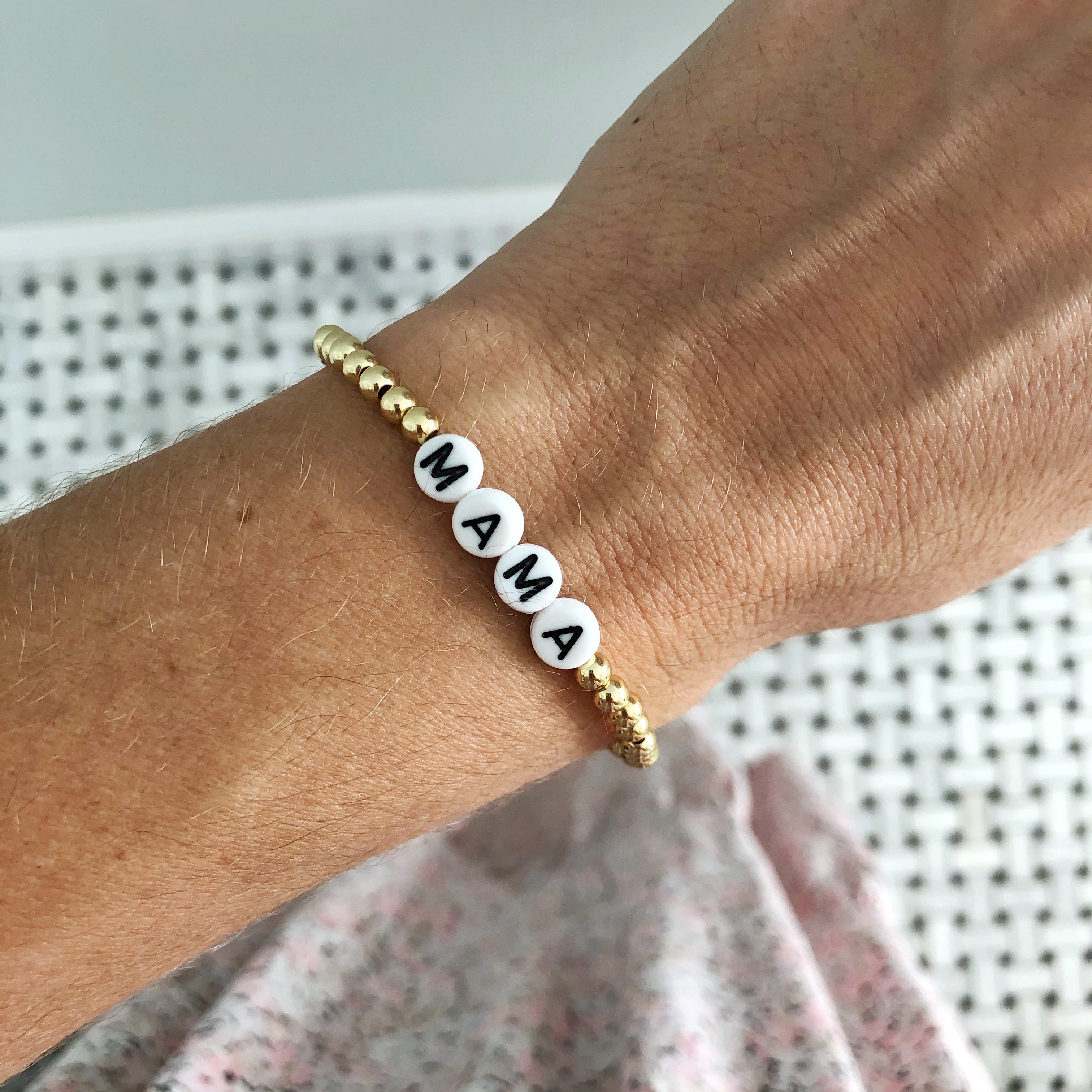 Personalized Beaded Stretch Bracelet, Letter Bead Bracelet, Gift for Her,  Mama Bracelet With Kids Names, Stacking Bracelets, Rose Gold 